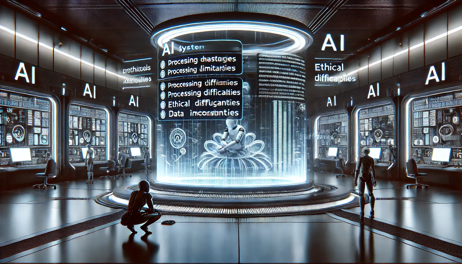 A futuristic AI system encountering challenges and limitations in a high-tech environment.