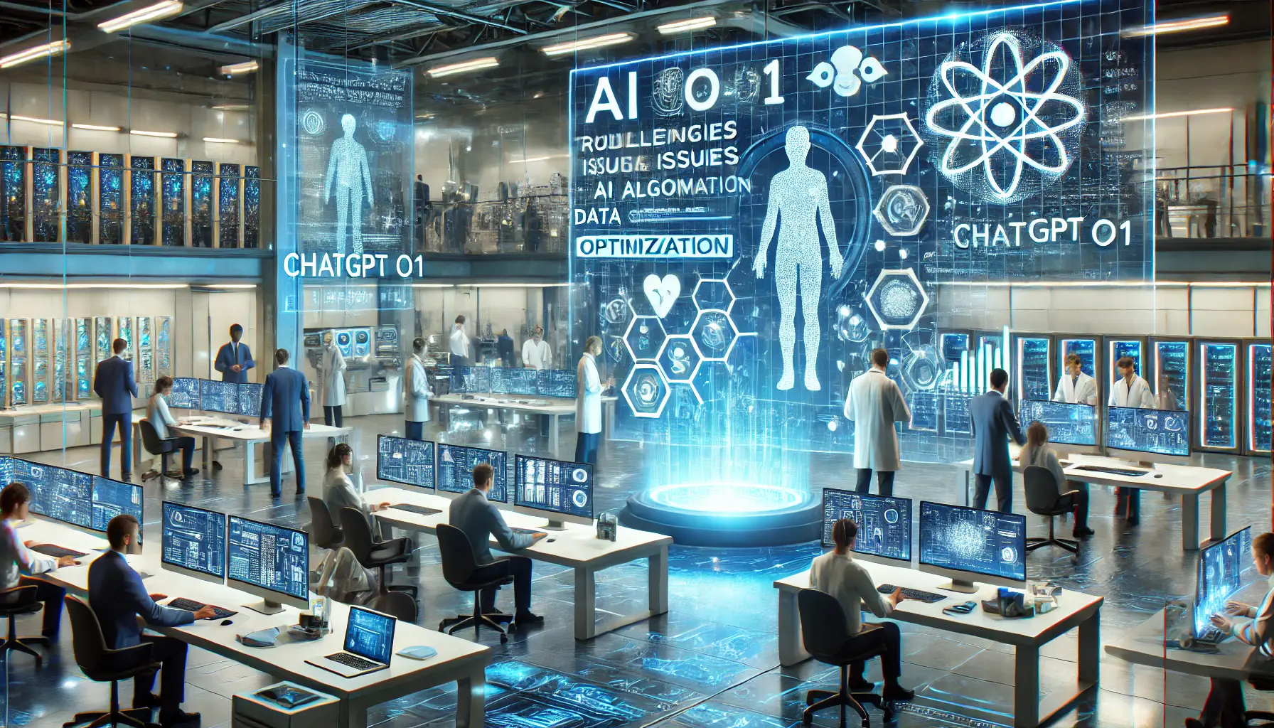 A futuristic AI development lab with engineers troubleshooting AI algorithms, optimizing data, and refining neural networks, with holographic data displays.