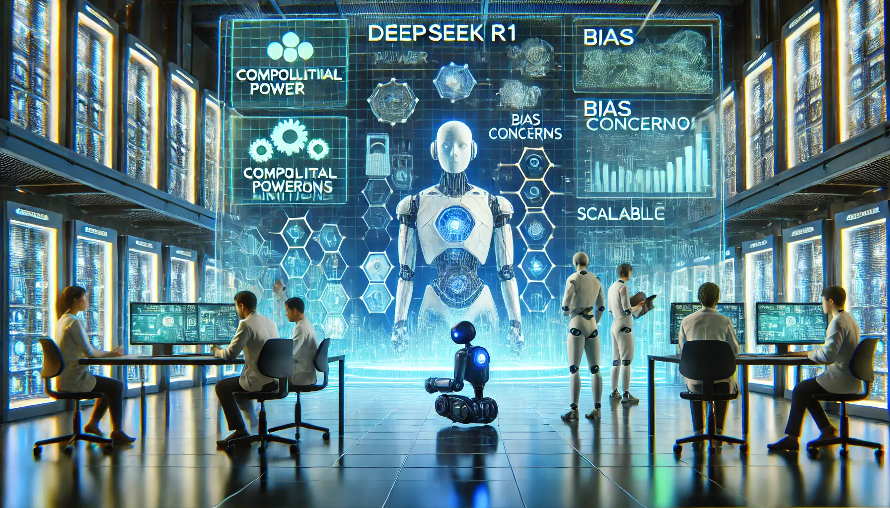 A high-tech AI lab where researchers are addressing challenges such as computational power limitations, bias concerns, and scalability issues related to DeepSeek R1.