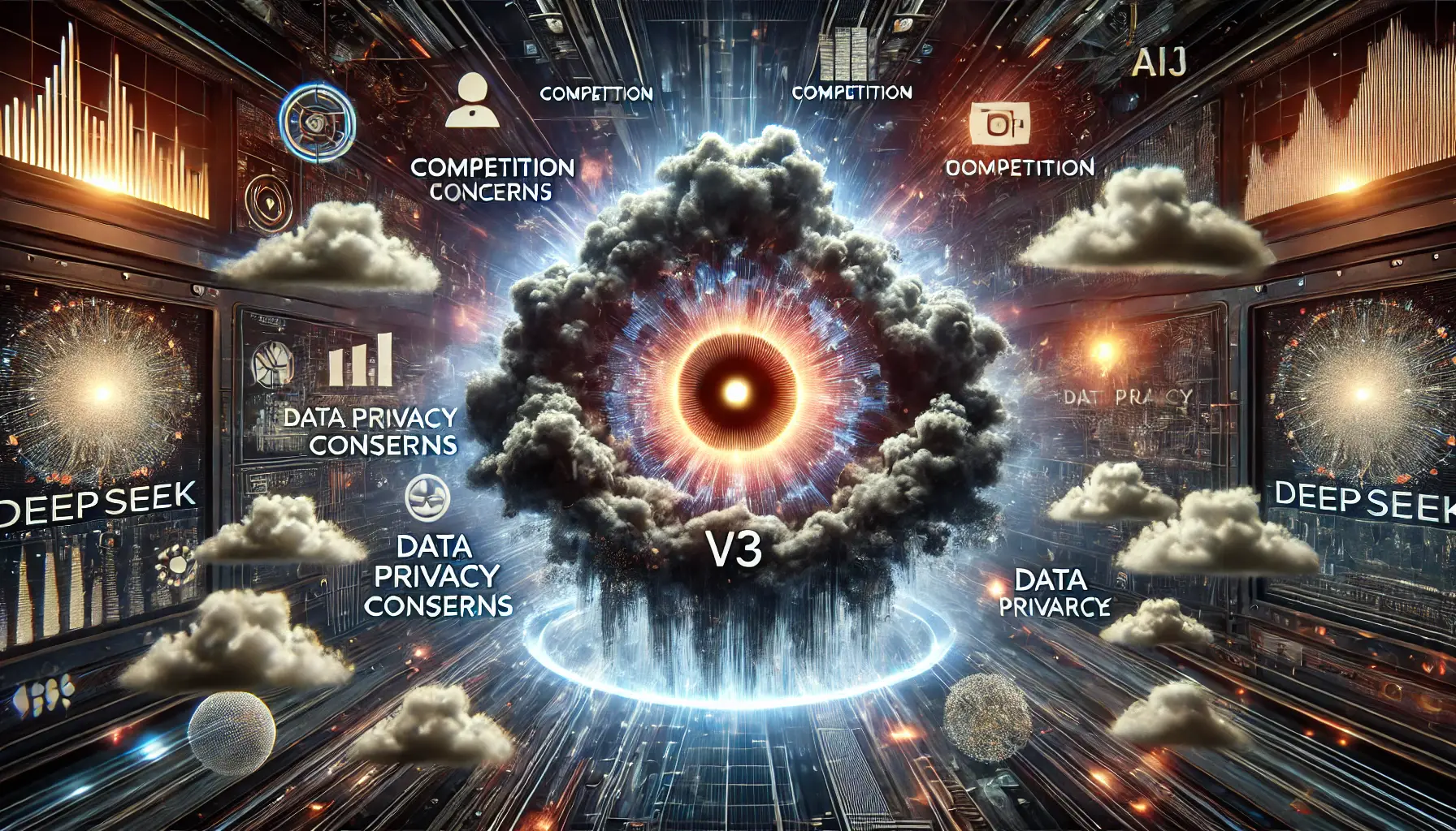 A conceptual visualization showing a glowing AI core surrounded by dark clouds and turbulent energy waves, symbolizing challenges like competition and resource constraints.