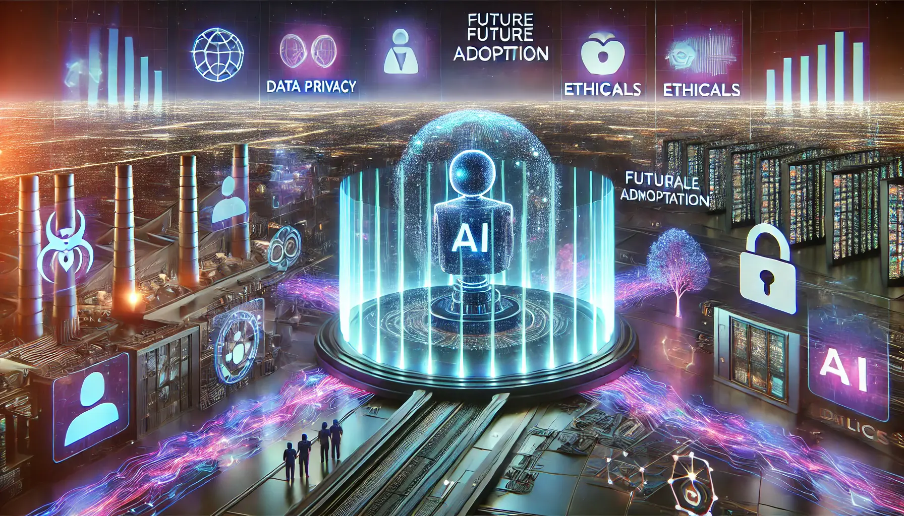 A futuristic AI system surrounded by glowing barriers symbolizing challenges like data privacy and ethical concerns for future adoption.