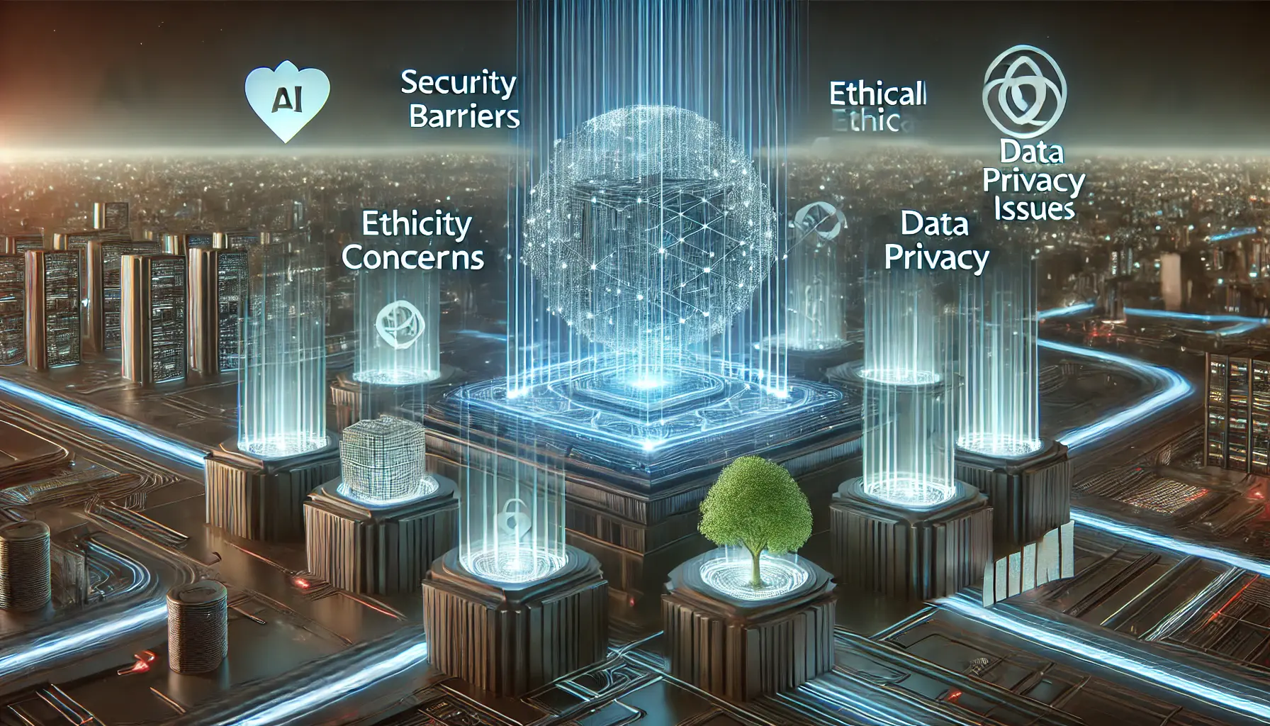 A futuristic AI system surrounded by obstacles such as security barriers and data privacy concerns, representing the challenges of AI implementation.