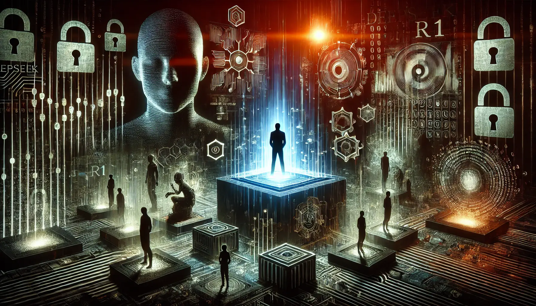 A dark and intense digital scene symbolizing the challenges that DeepSeek R1 must overcome. The image features a glowing AI model surrounded by looming obstacles such as digital walls, encrypted data streams, and shadowy figures representing security and transparency issues. The background includes abstract representations of complex algorithms and barriers that the AI system must navigate, illustrating the obstacles and challenges that stand in the way of its progress and acceptance.