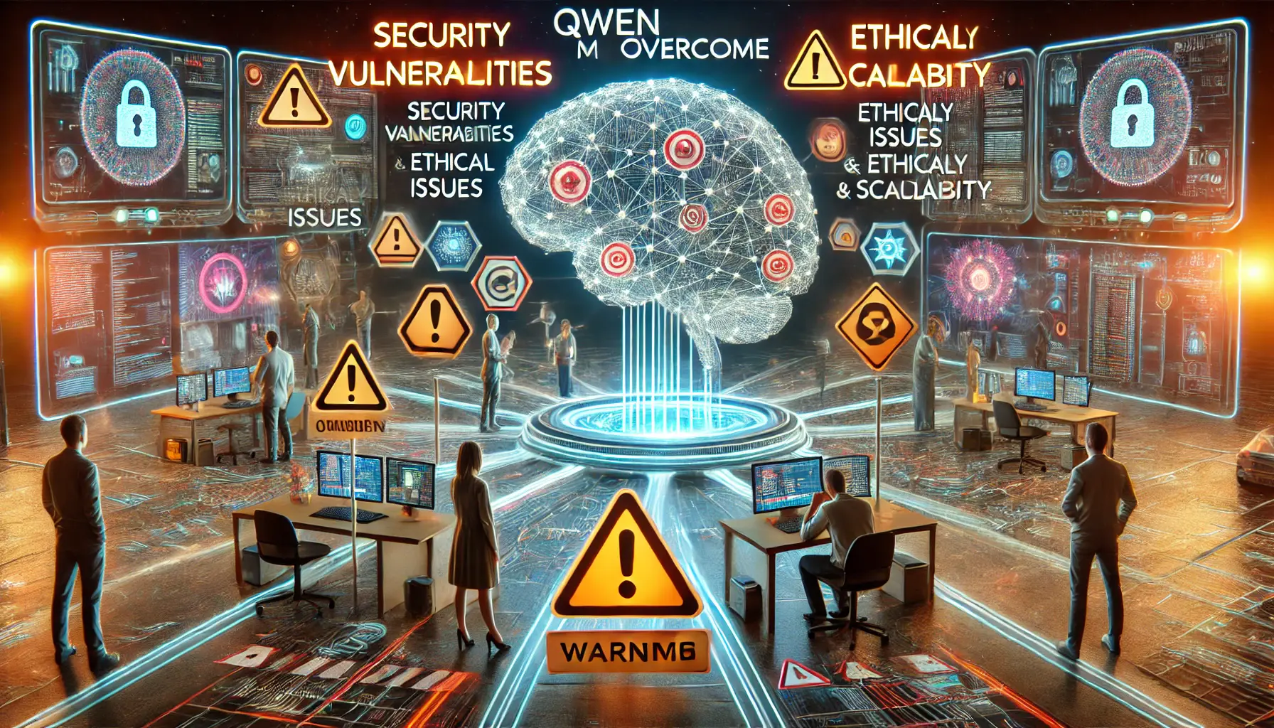 A futuristic AI environment showing researchers analyzing AI models with holographic displays. Challenges such as security vulnerabilities, ethical issues, and scalability are represented by warning symbols and roadblocks, with a digital brain in the background.