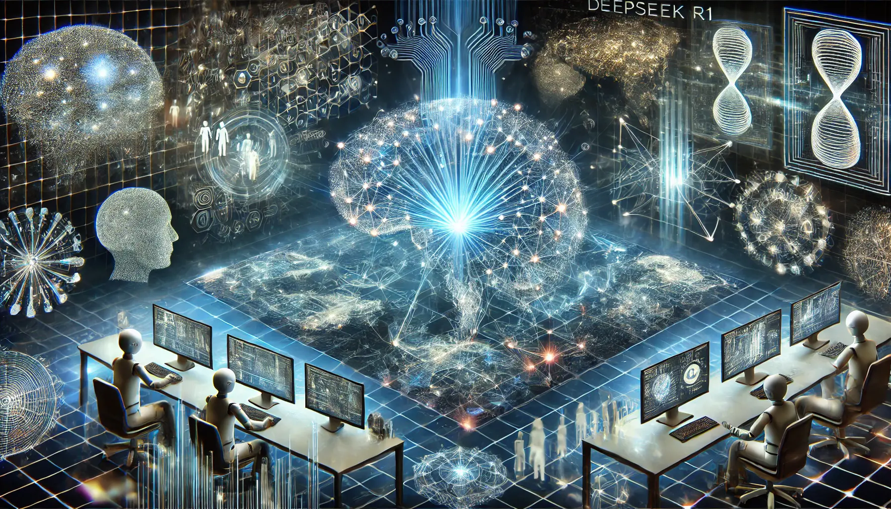 A futuristic digital scene depicting the evolving AI development strategies in response to DeepSeek R1. The image shows advanced AI models represented by glowing neural networks, with data flows and algorithmic patterns shifting towards more resource-efficient paths. The scene also includes futuristic workspaces with holographic AI blueprints and global teams collaborating on new AI strategies. The background includes digital grids and global network connections, symbolizing the shift in AI development paradigms.