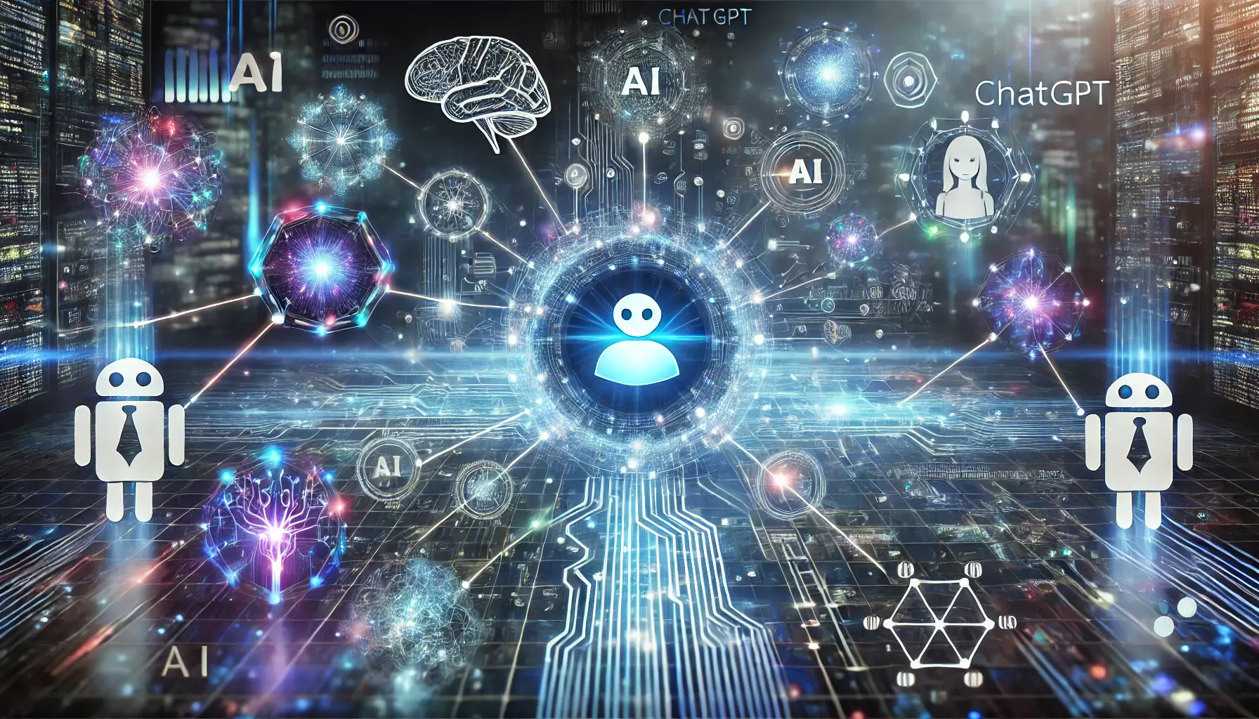 A futuristic AI ecosystem with multiple AI models, including ChatGPT, represented as glowing interconnected AI cores and digital data streams.