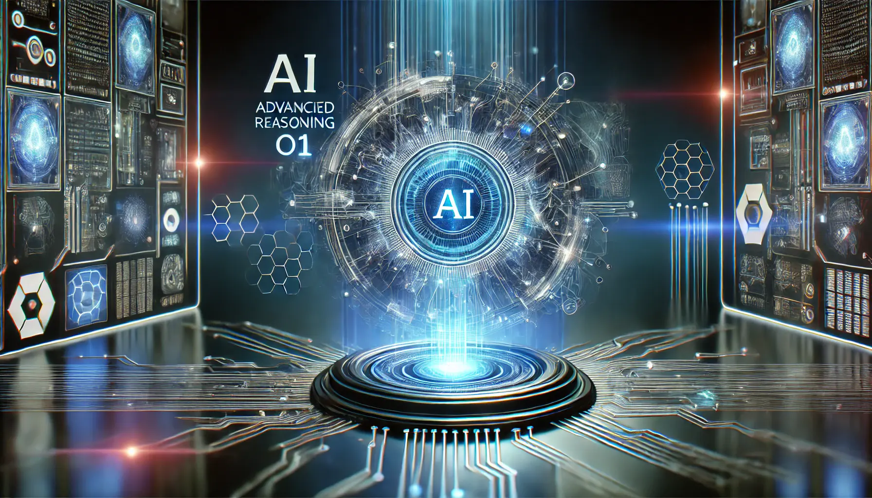 A futuristic AI-powered interface featuring a glowing AI core, neural connections, and a holographic display analyzing complex data.