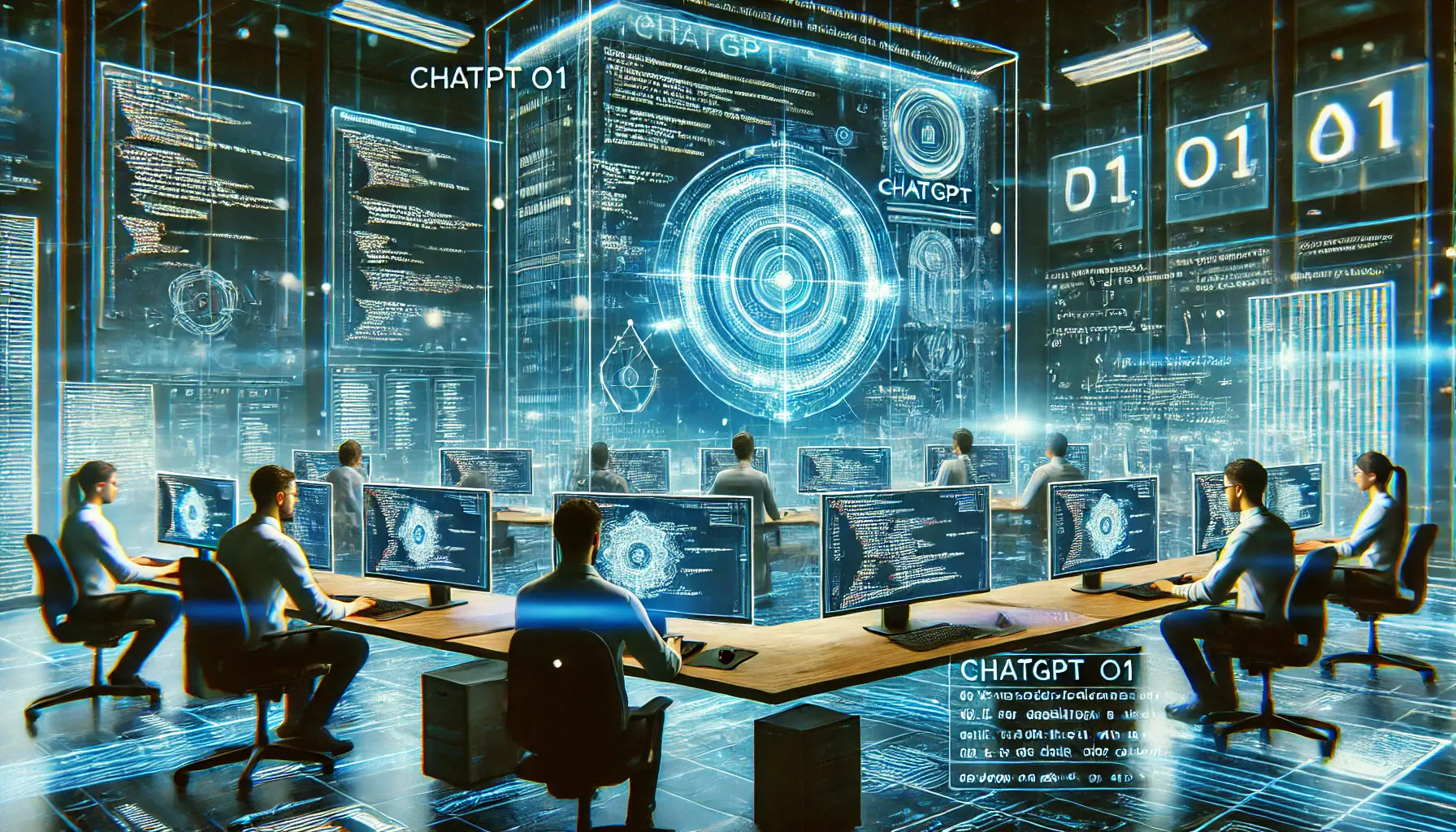 A futuristic workspace with engineers using ChatGPT o1 to solve coding and mathematical problems, with holographic displays of code and mathematical formulas.