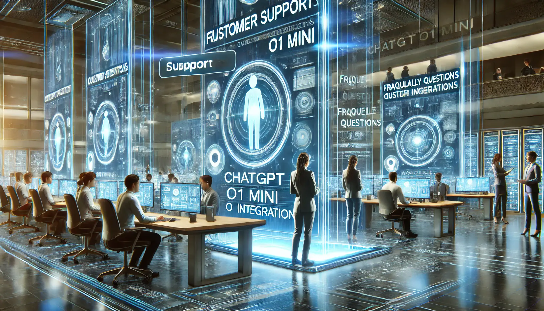 A futuristic customer support center where professionals are answering questions about ChatGPT o1 Mini integration using AI systems.