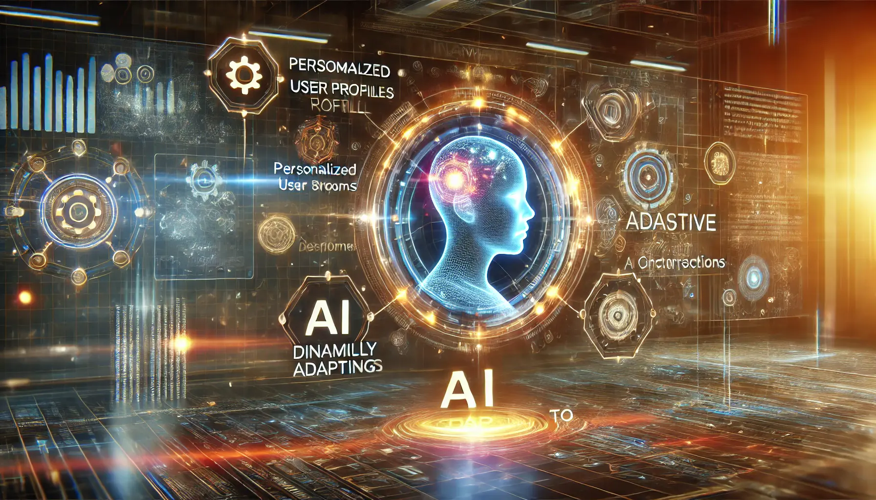 A futuristic AI system adapting to individual users, represented by a glowing holographic interface displaying user profiles and personalized interactions.