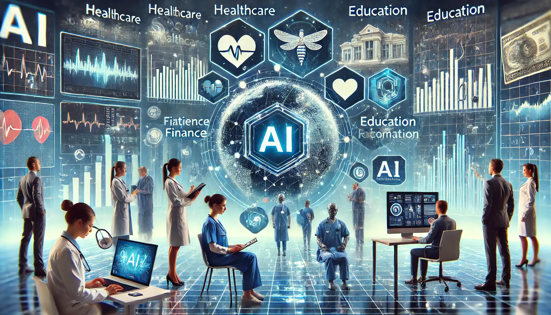 A futuristic visualization of AI applications in healthcare, finance, education, and retail, demonstrating AI-driven automation and assistance.