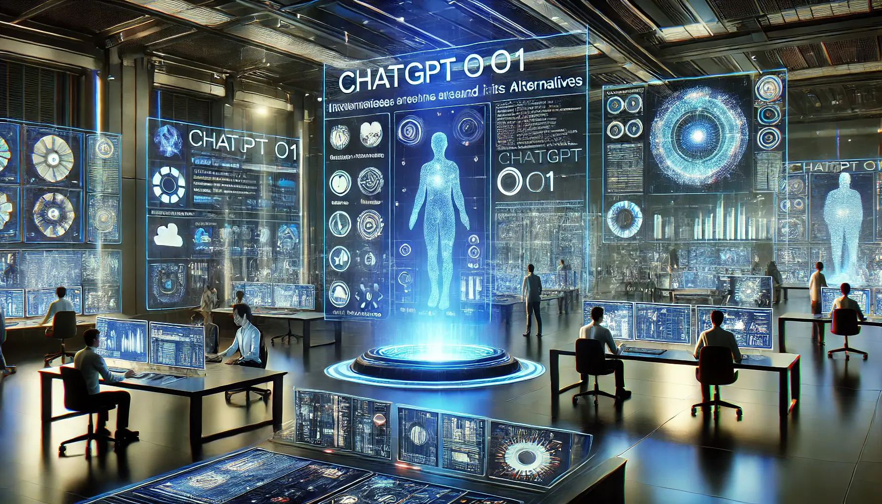 A futuristic tech environment where engineers analyze holographic displays of ChatGPT o1 and its alternatives, comparing their strengths and capabilities.