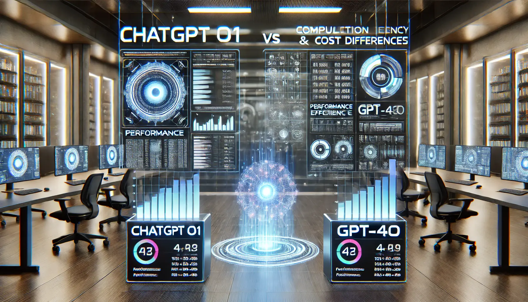 A futuristic digital comparison between two advanced AI models, showcasing performance and cost differences.