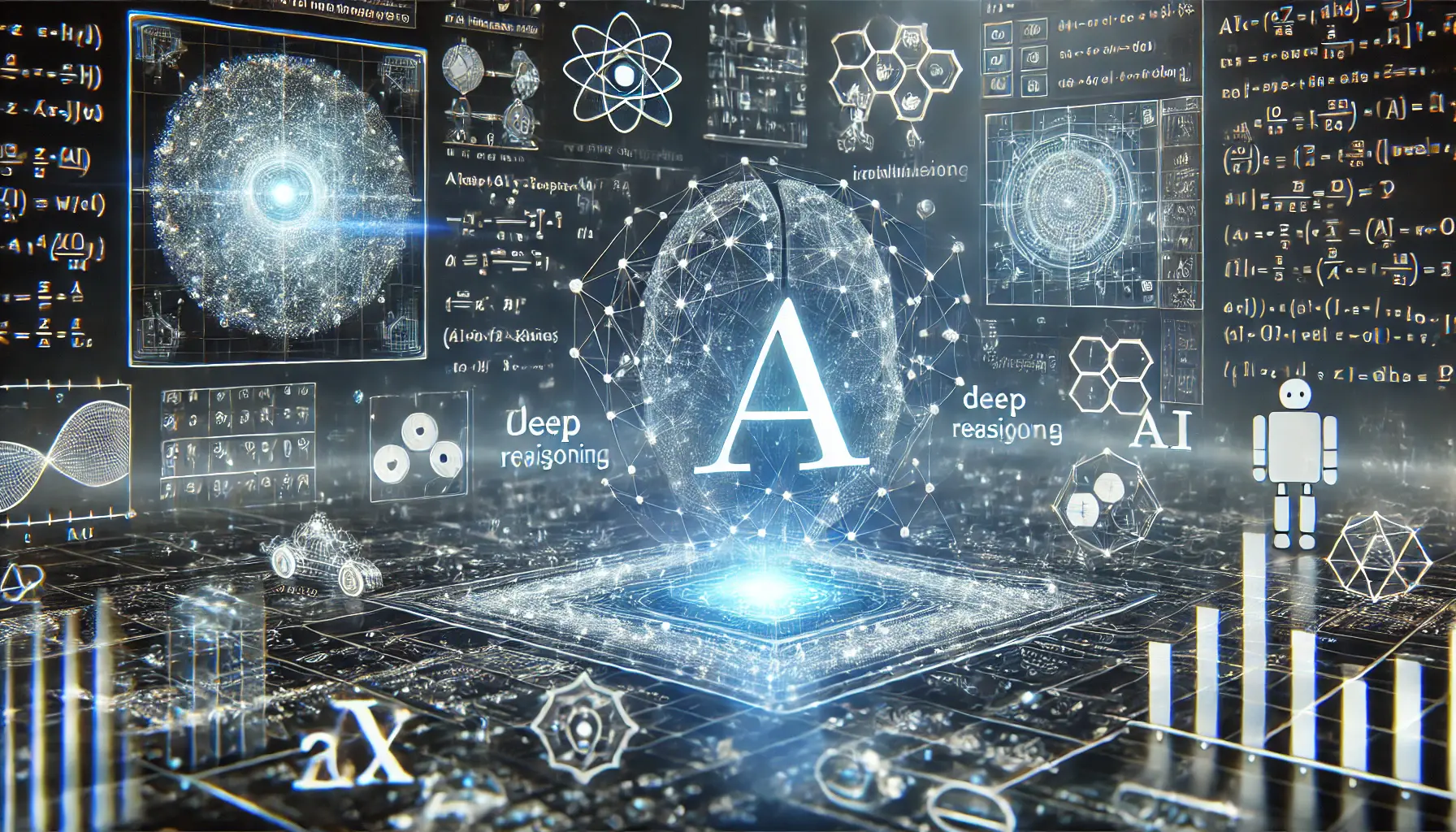 An AI-powered system solving complex mathematical, scientific, and coding problems through a futuristic digital neural network.