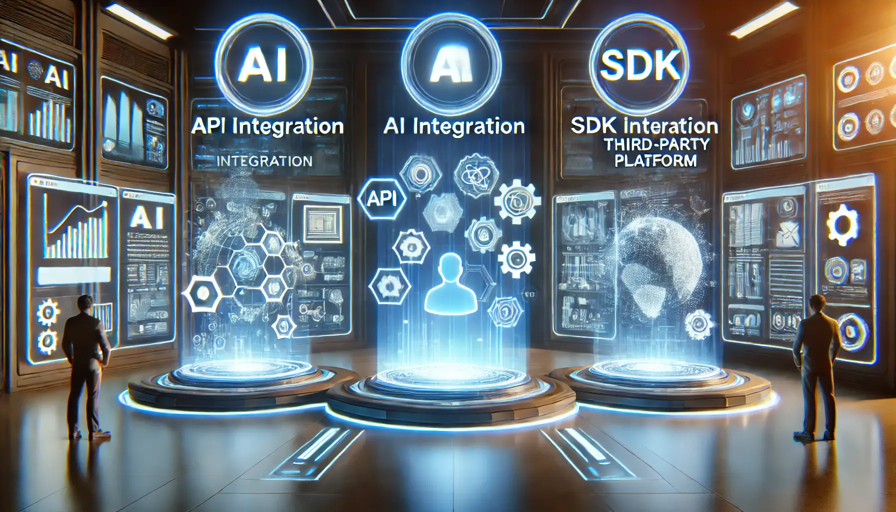 A futuristic tech environment showcasing different integration methods for AI applications, including API, SDK, and third-party platform connections.