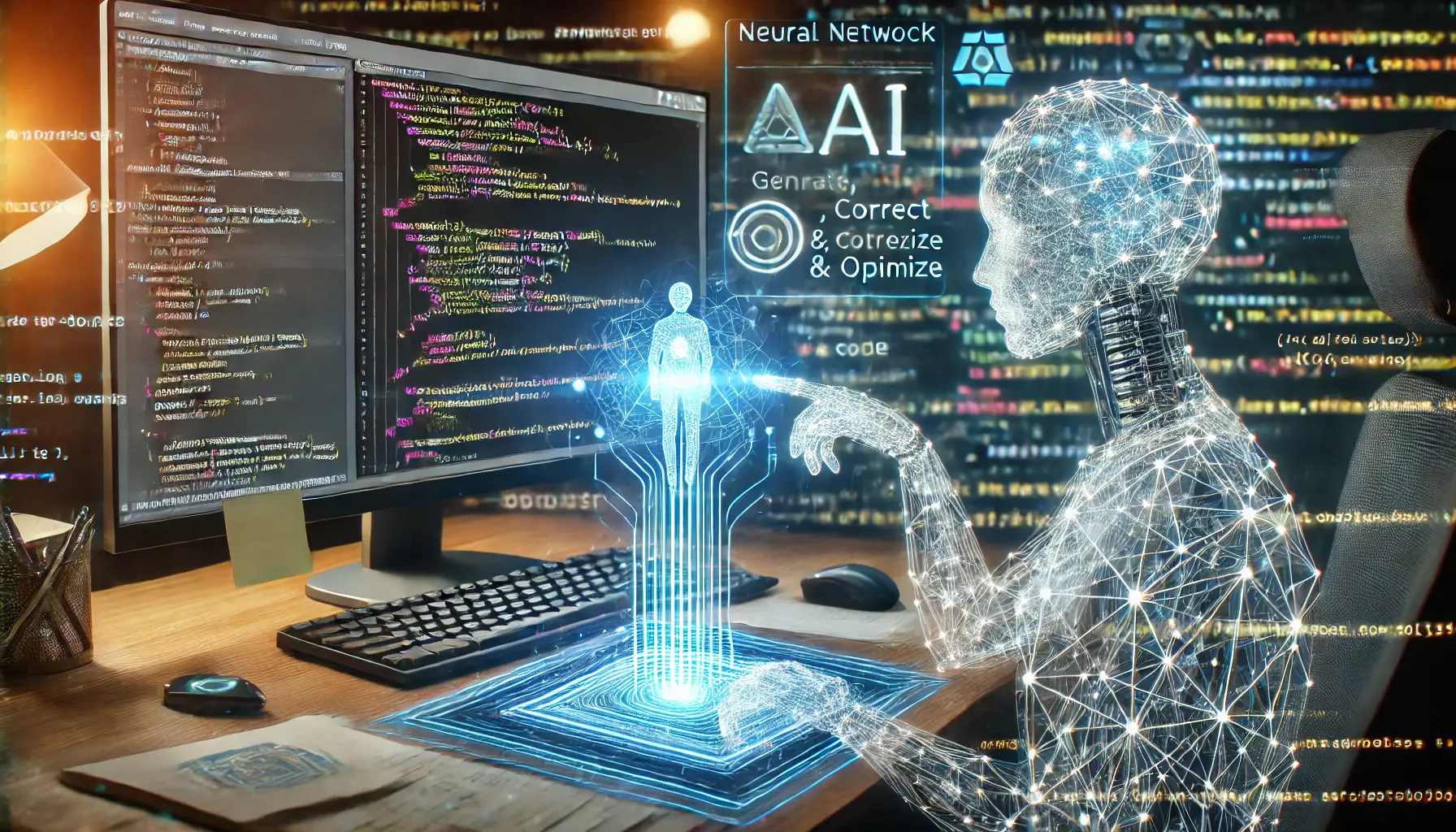 A futuristic representation of AI-assisted coding, showing a neural network interacting with a digital code editor to optimize and debug code.