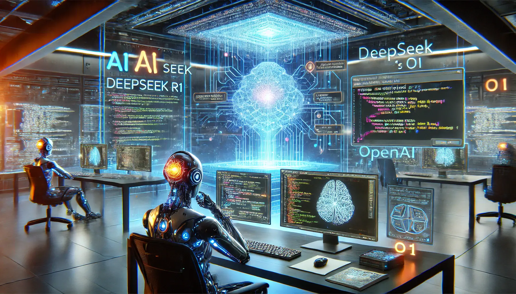 A futuristic AI-powered coding environment with holographic screens displaying complex code, AI-assisted programming, and a glowing neural network processing real-time coding tasks.