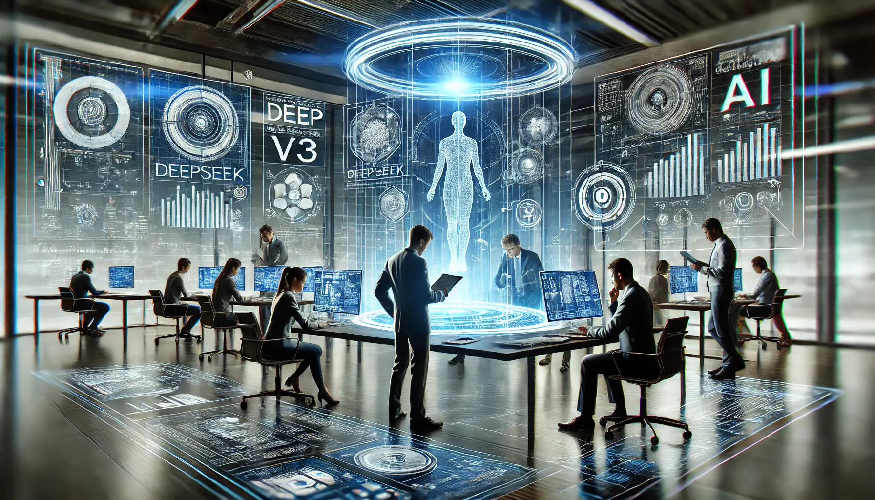 A futuristic corporate environment where professionals collaborate to solve challenges in DeepSeek v3 implementation, using digital diagnostics and holographic interfaces.