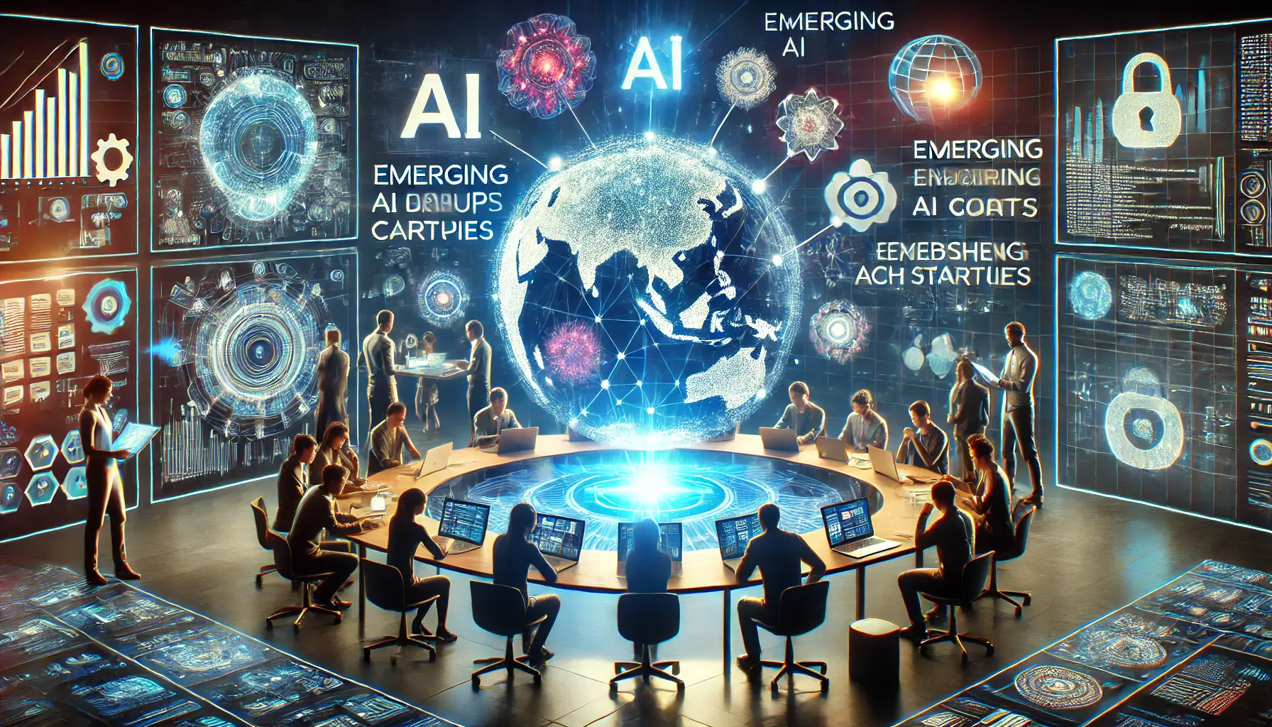 A futuristic workspace where emerging AI companies collaborate with established tech giants. A team of engineers and developers interacts with holographic displays showcasing innovative AI solutions and projects.