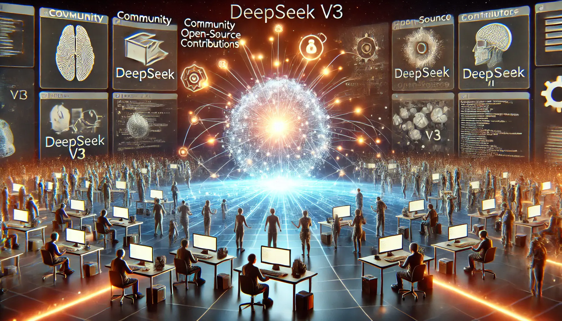 A futuristic scene depicting community and open-source contributions to DeepSeek v3, with global collaboration between developers and researchers.