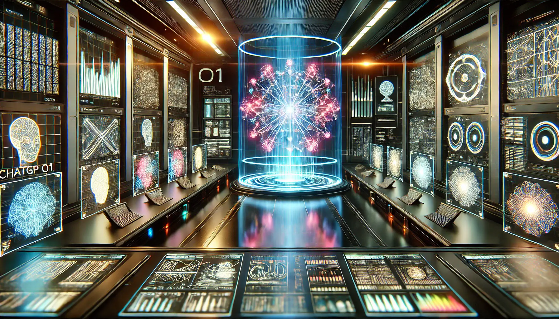 A futuristic control room comparing ChatGPT o1 with other AI models, with glowing data pathways and neural networks.