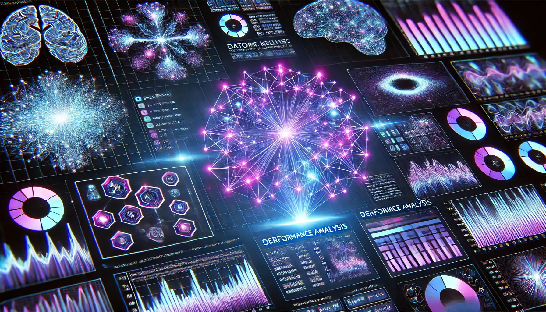 A futuristic visualization of AI models being compared, showing interconnected neural networks and glowing data flows representing model efficiency.