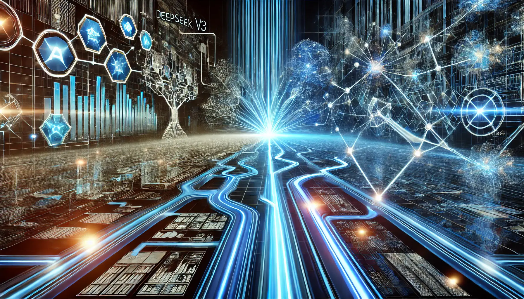 A high-tech visualization of the comparative analysis and future directions of DeepSeek v3, showing interconnected neural networks and pathways of technological evolution.