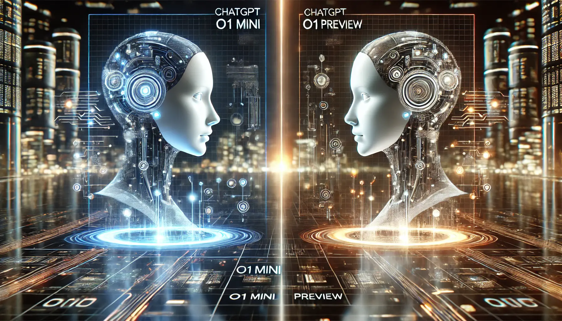 A futuristic digital environment showing a comparative analysis of two AI models, ChatGPT o1 Mini and o1 Preview, with glowing, interconnected digital interfaces and contrasting elements.