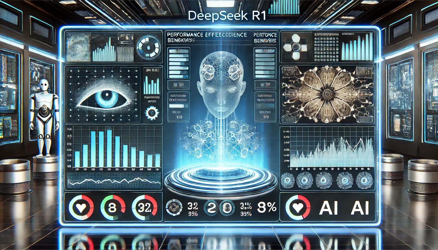 A futuristic AI comparison dashboard displaying performance benchmarks, efficiency ratings, and neural network structures of DeepSeek R1 versus other leading AI models.