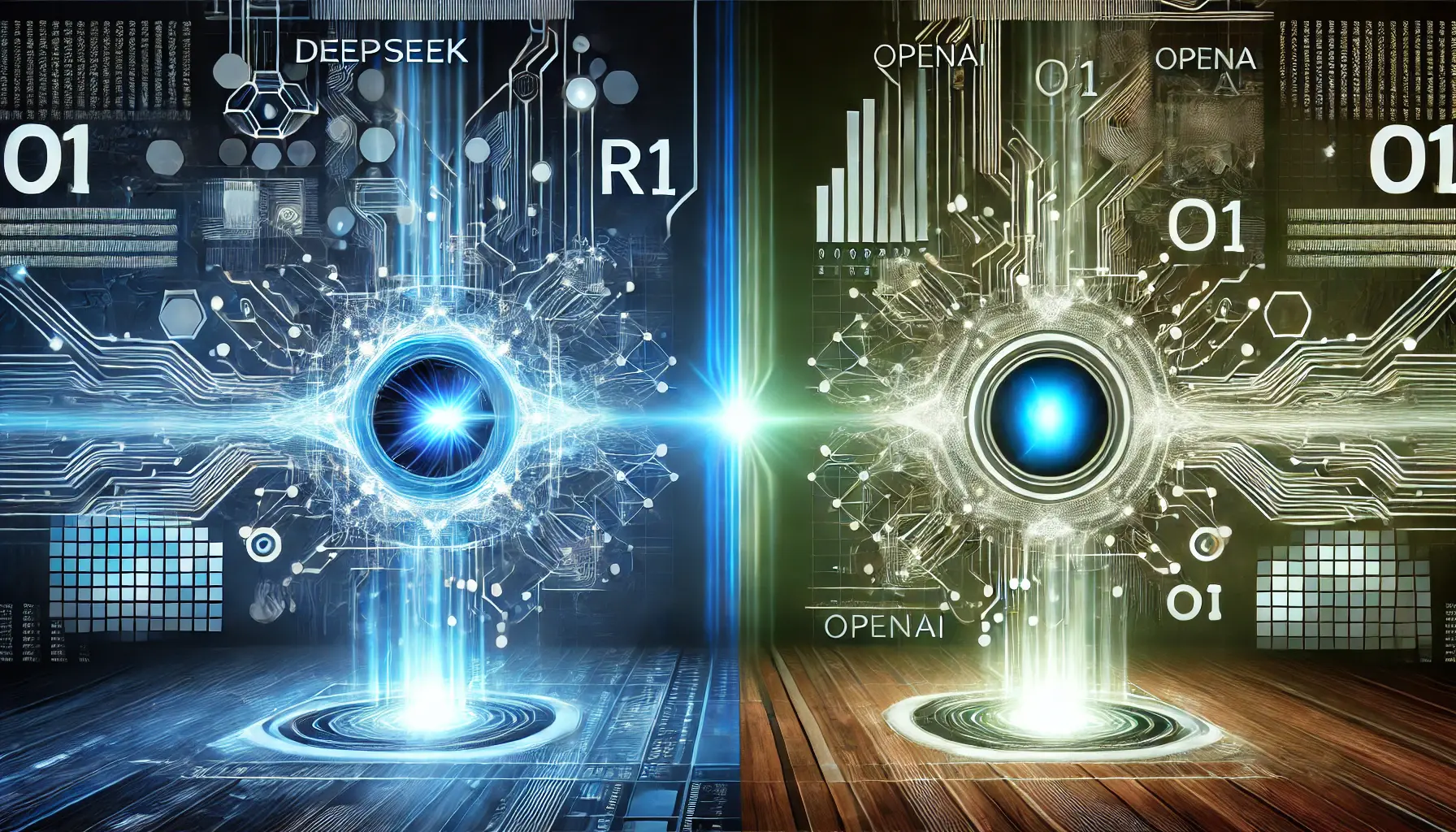 A futuristic AI comparison visualization featuring two glowing AI cores representing DeepSeek R1 and OpenAI's o1, surrounded by digital data streams and neural networks.