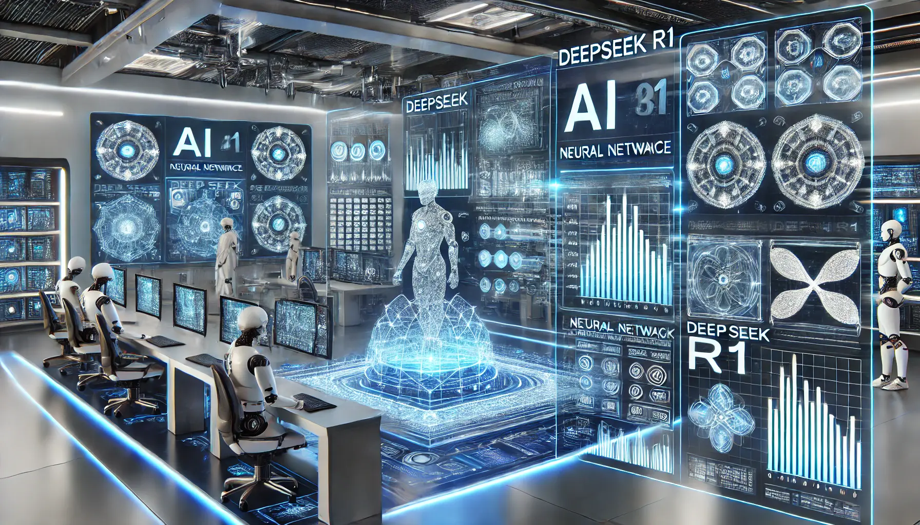 A futuristic AI evaluation lab with holographic data panels comparing DeepSeek R1 and other AI models based on performance metrics, efficiency, and computational speed.