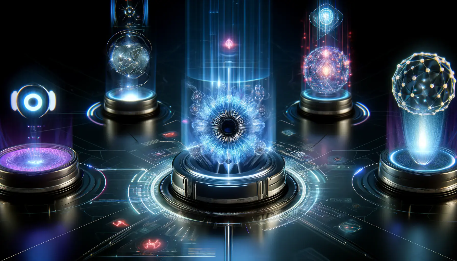 A futuristic AI comparison featuring multiple glowing AI cores interconnected through a digital interface, with DeepSeek R1 at the center emitting a strong energy pulse.