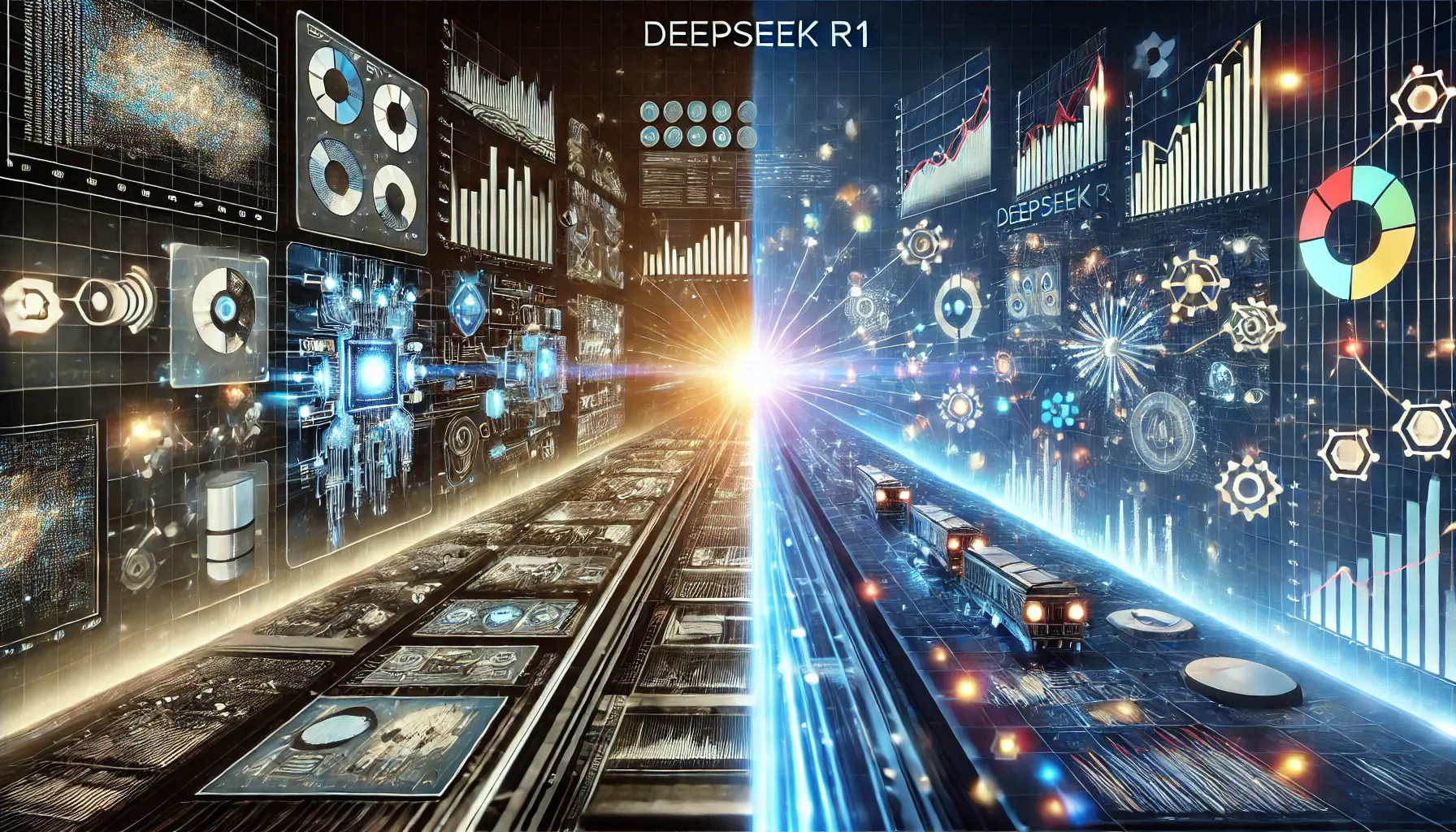 A futuristic digital workspace contrasting DeepSeek R1’s AI-driven data analysis with traditional data analysis methods.