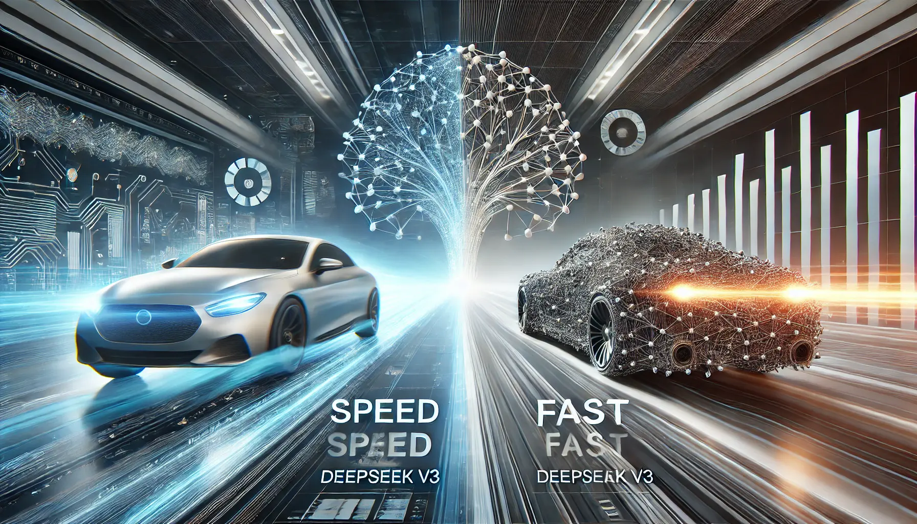 A visual comparison of two advanced AI models, with one model represented by a sleek, fast neural network interface and the other by a traditional, bulkier architecture.