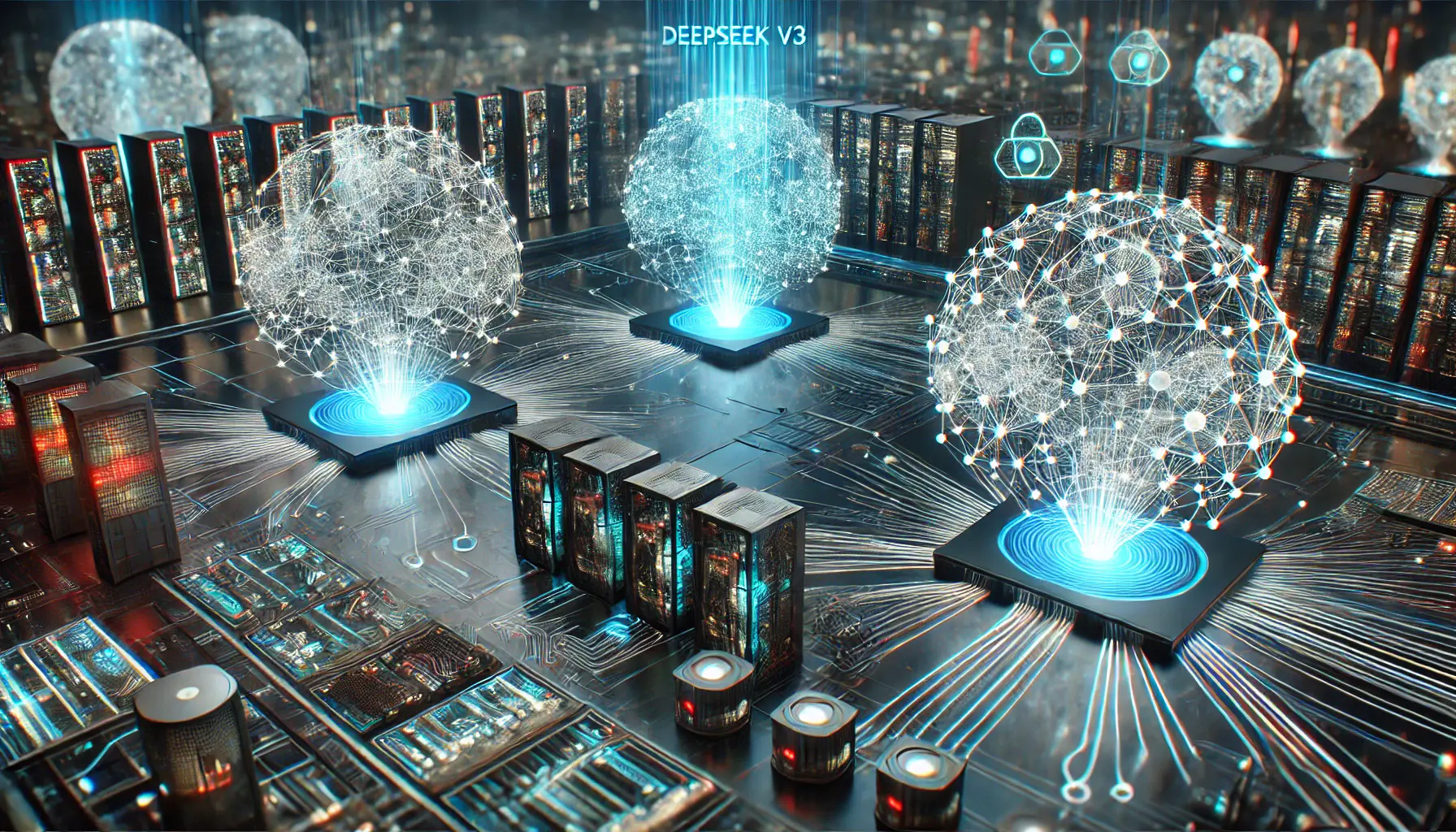 A futuristic comparison of DeepSeek v3 and other AI models, represented by glowing digital neural networks in a high-tech control room.