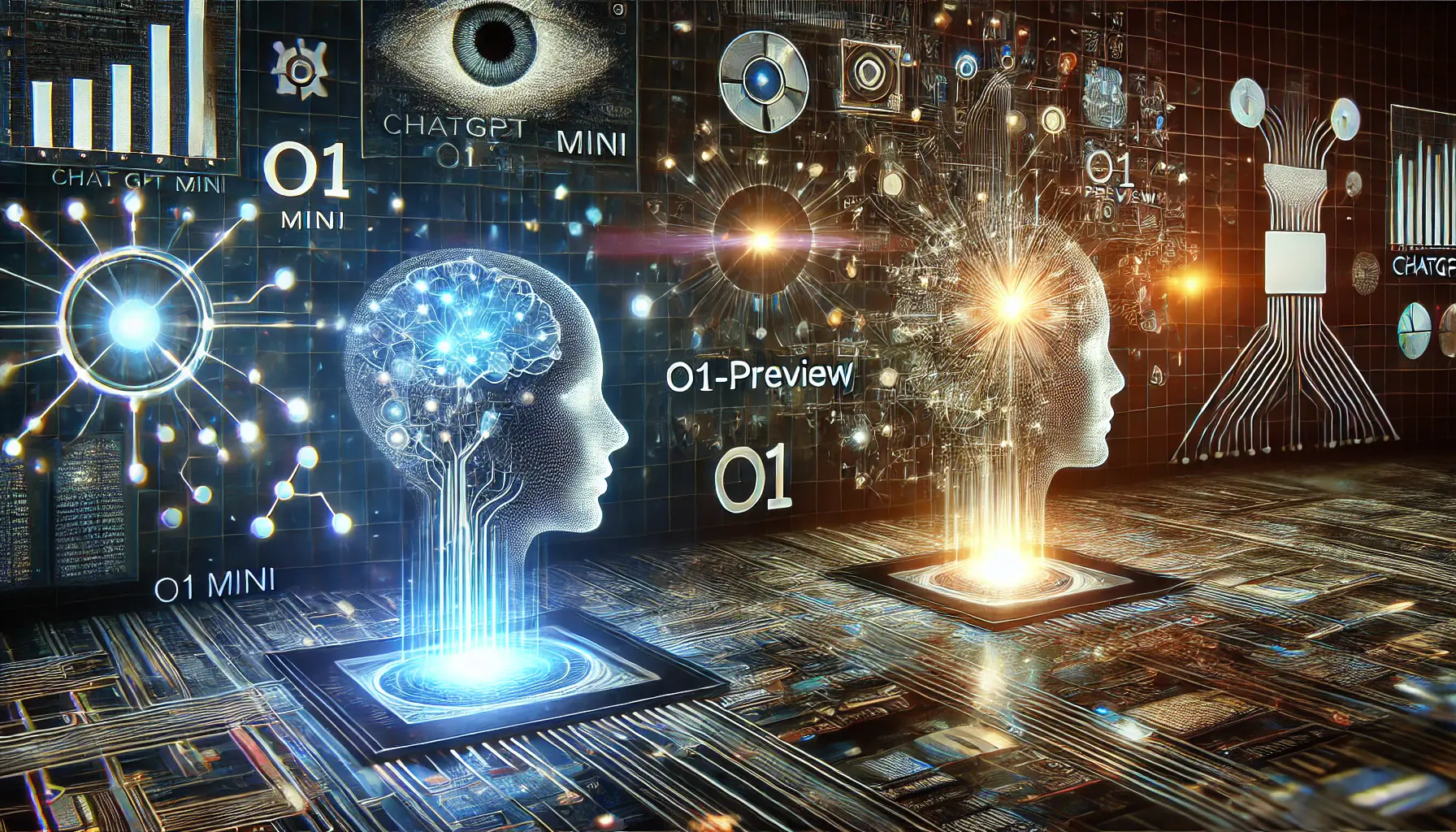 A conceptual image representing a comparative analysis between two AI models, with one model depicted as smaller and more efficient and the other as larger and more complex.