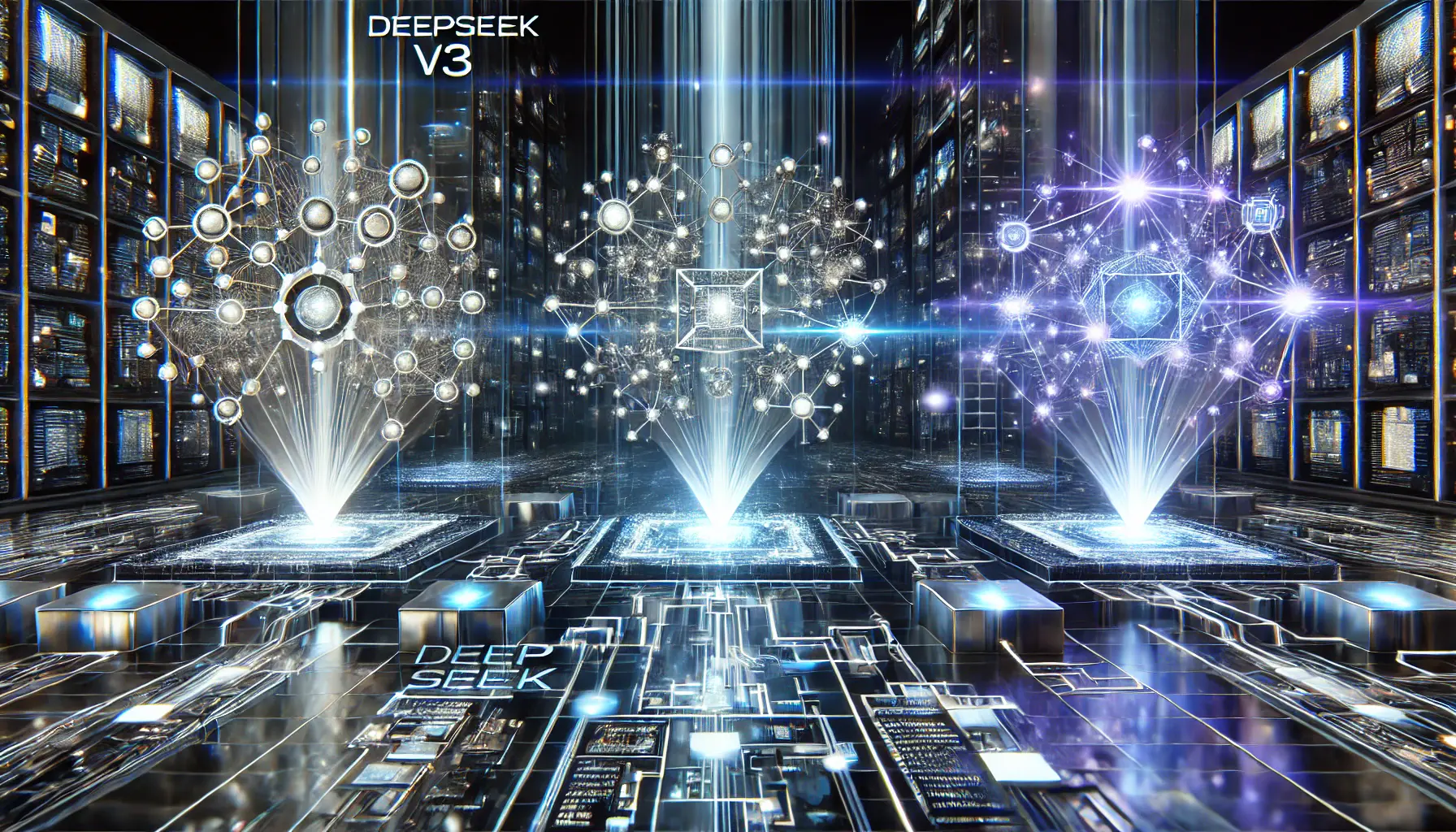 A futuristic, high-tech environment visualizing the comparative analysis between DeepSeek v3 and its rival AI models.