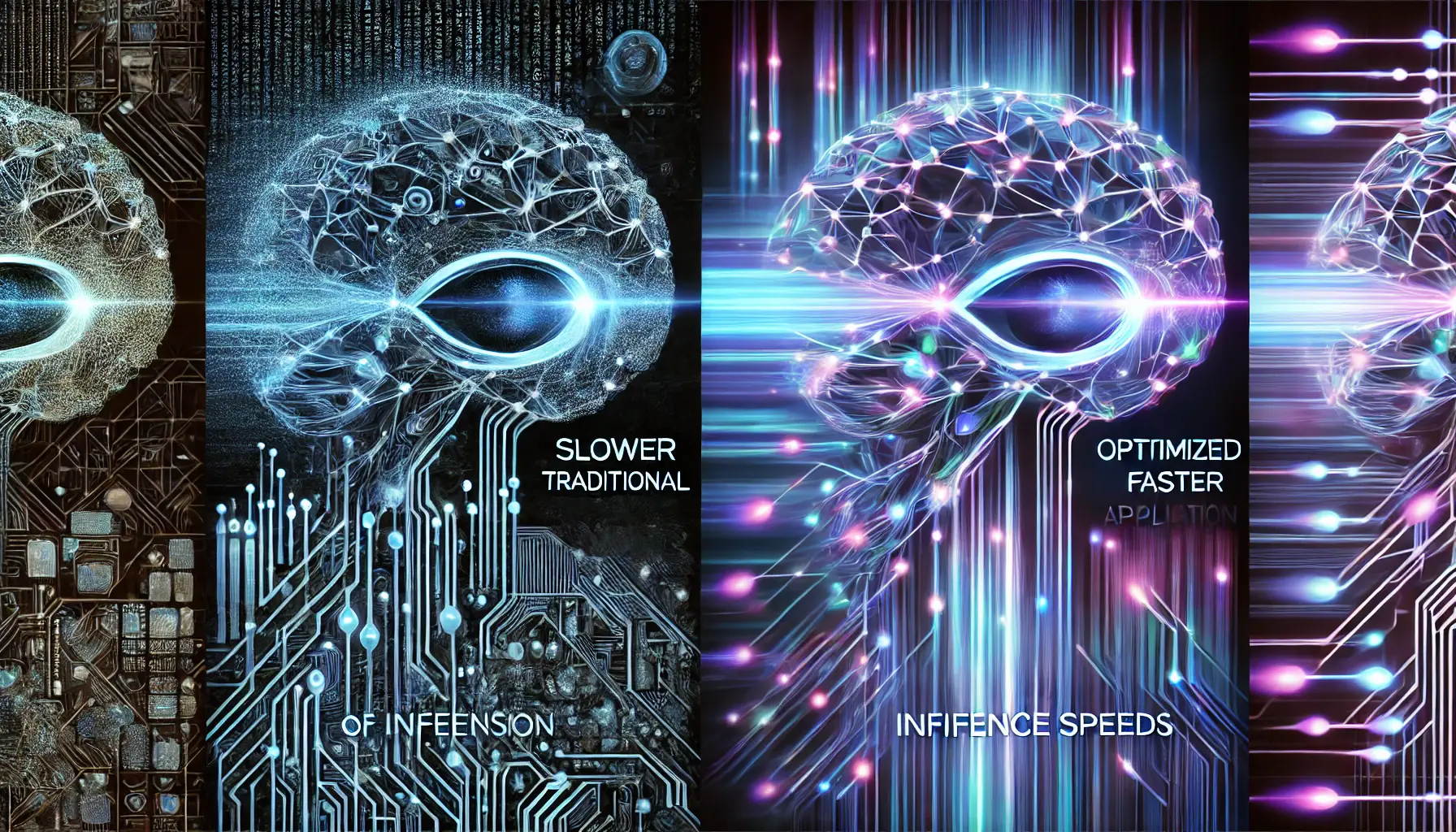 A futuristic AI visualization showing two AI systems: one slower, with densely packed neural pathways, and the other faster, with streamlined glowing connections, symbolizing improved inference speed.