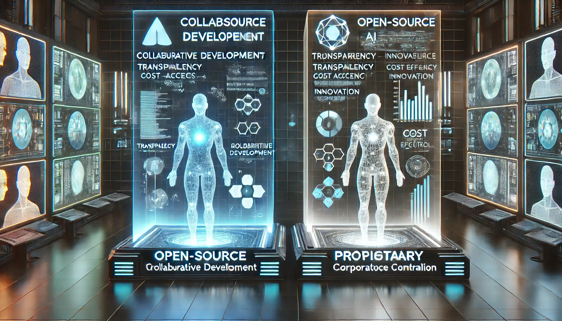 A futuristic AI comparison interface showcasing open-source and proprietary AI models side by side, with holographic charts highlighting transparency, cost efficiency, and innovation.