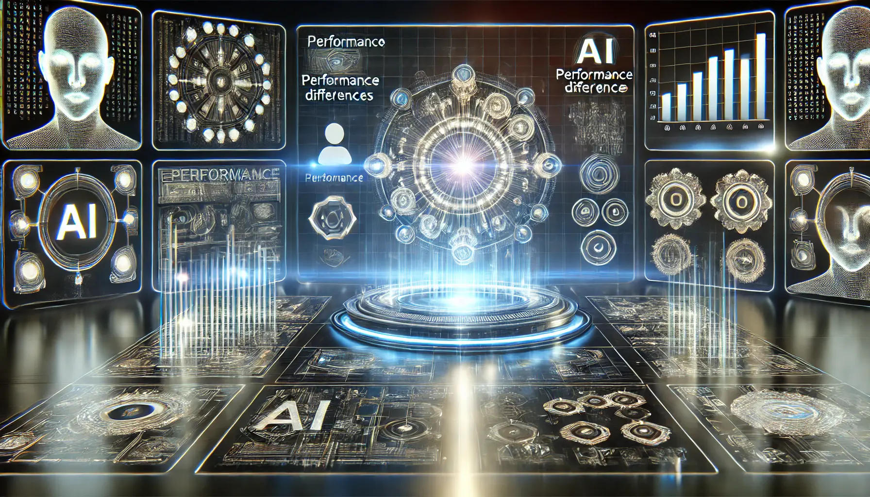 A high-tech digital interface comparing multiple AI models, with glowing holographic nodes and connections visualizing performance differences.