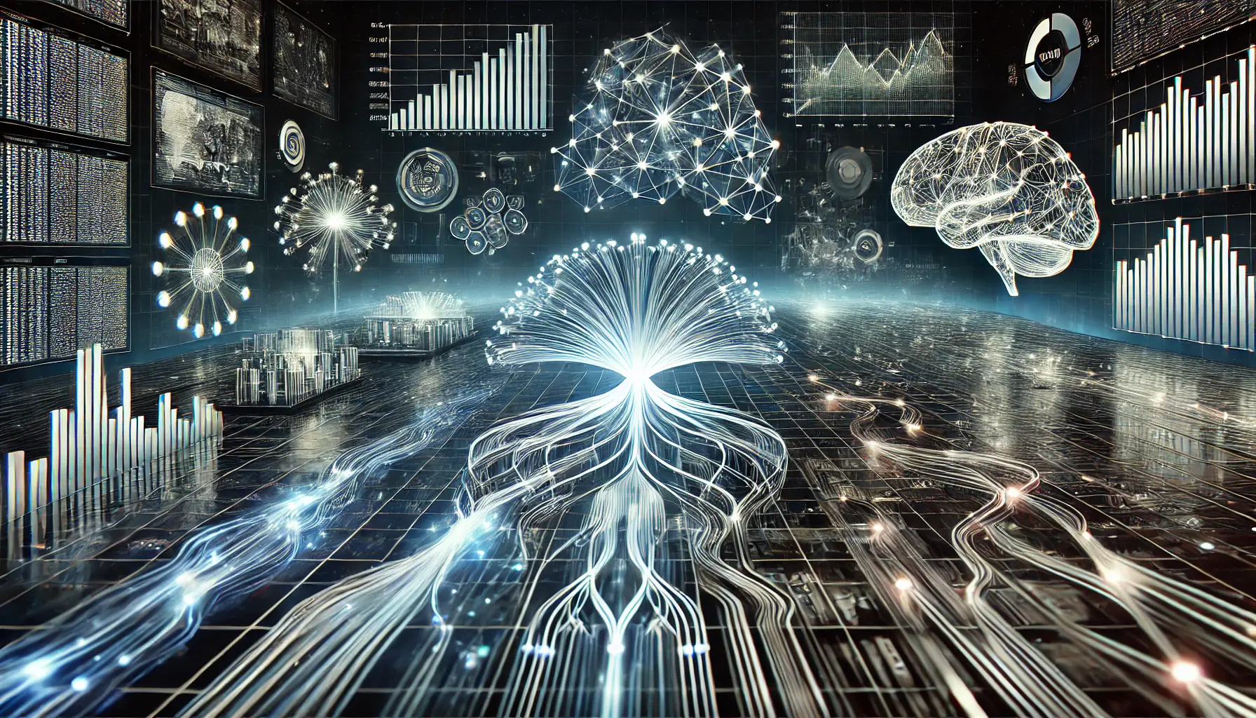 A futuristic digital representation of a comparative analysis in AI, showing multiple neural networks processing data with varying efficiencies.