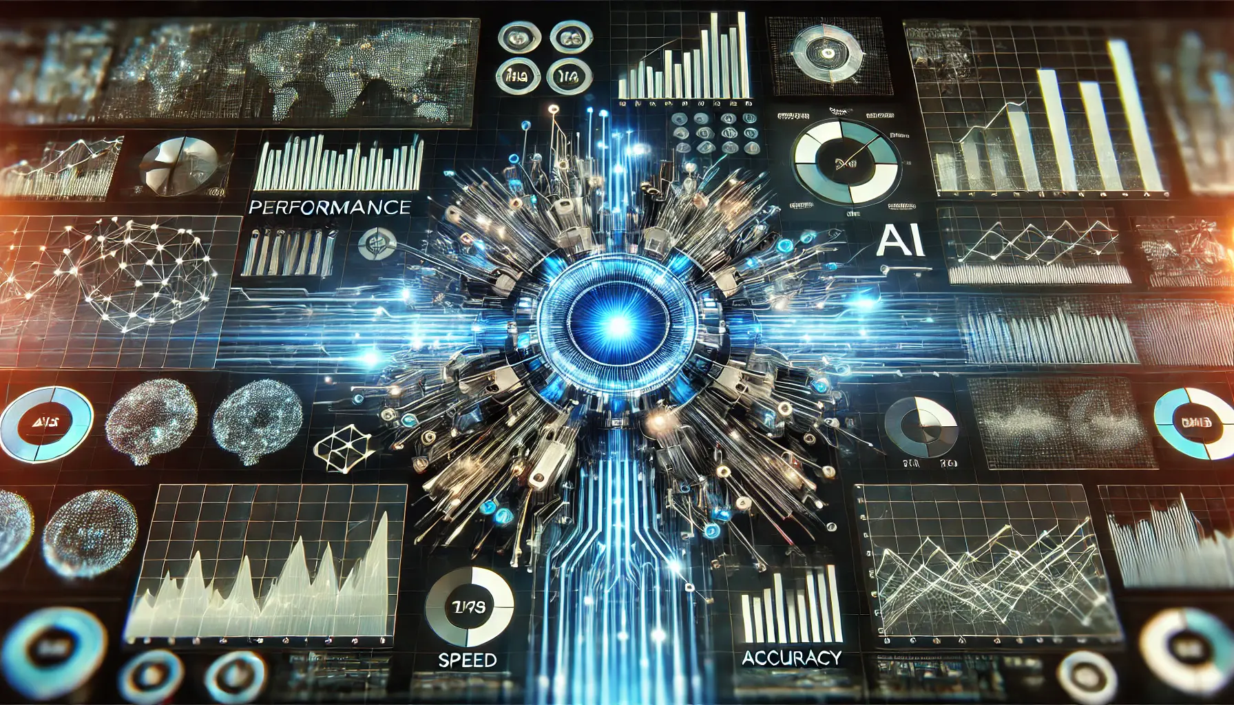 An AI core surrounded by digital elements like performance graphs, data streams, and comparison bars for performance analysis.