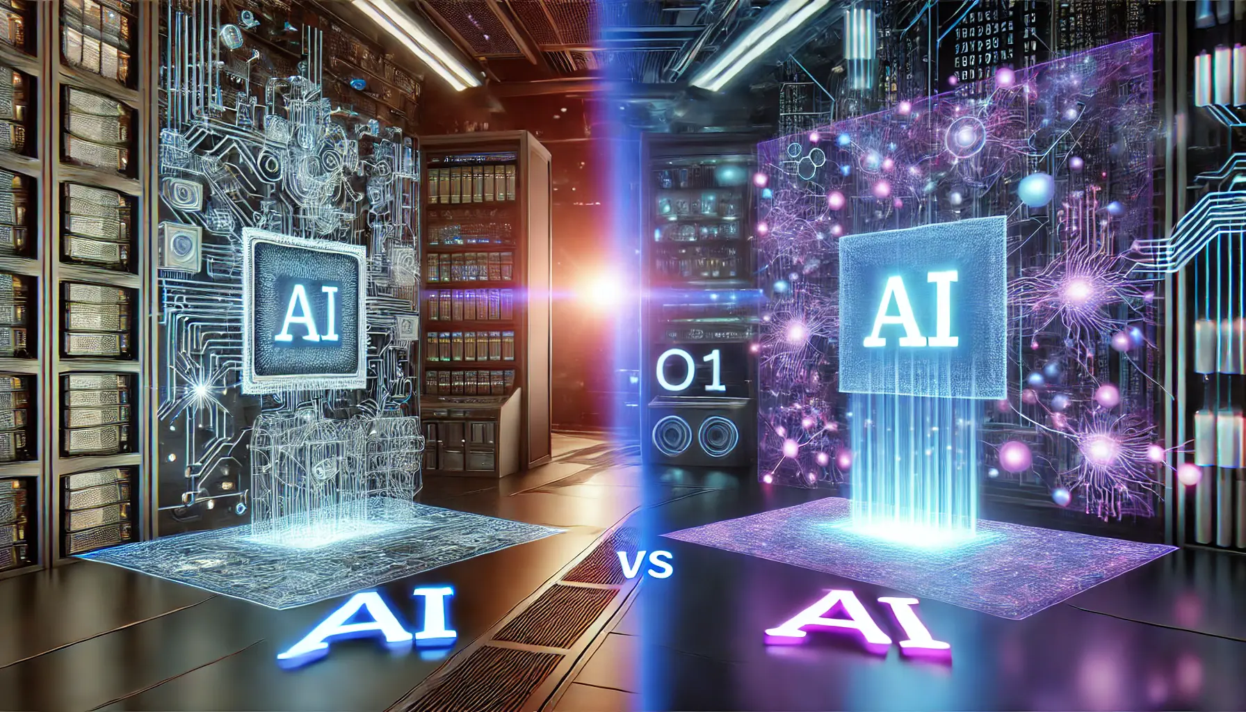 A high-tech comparison of AI-powered ChatGPT o1 with traditional methods, showing dynamic neural networks versus rigid algorithms for data processing.