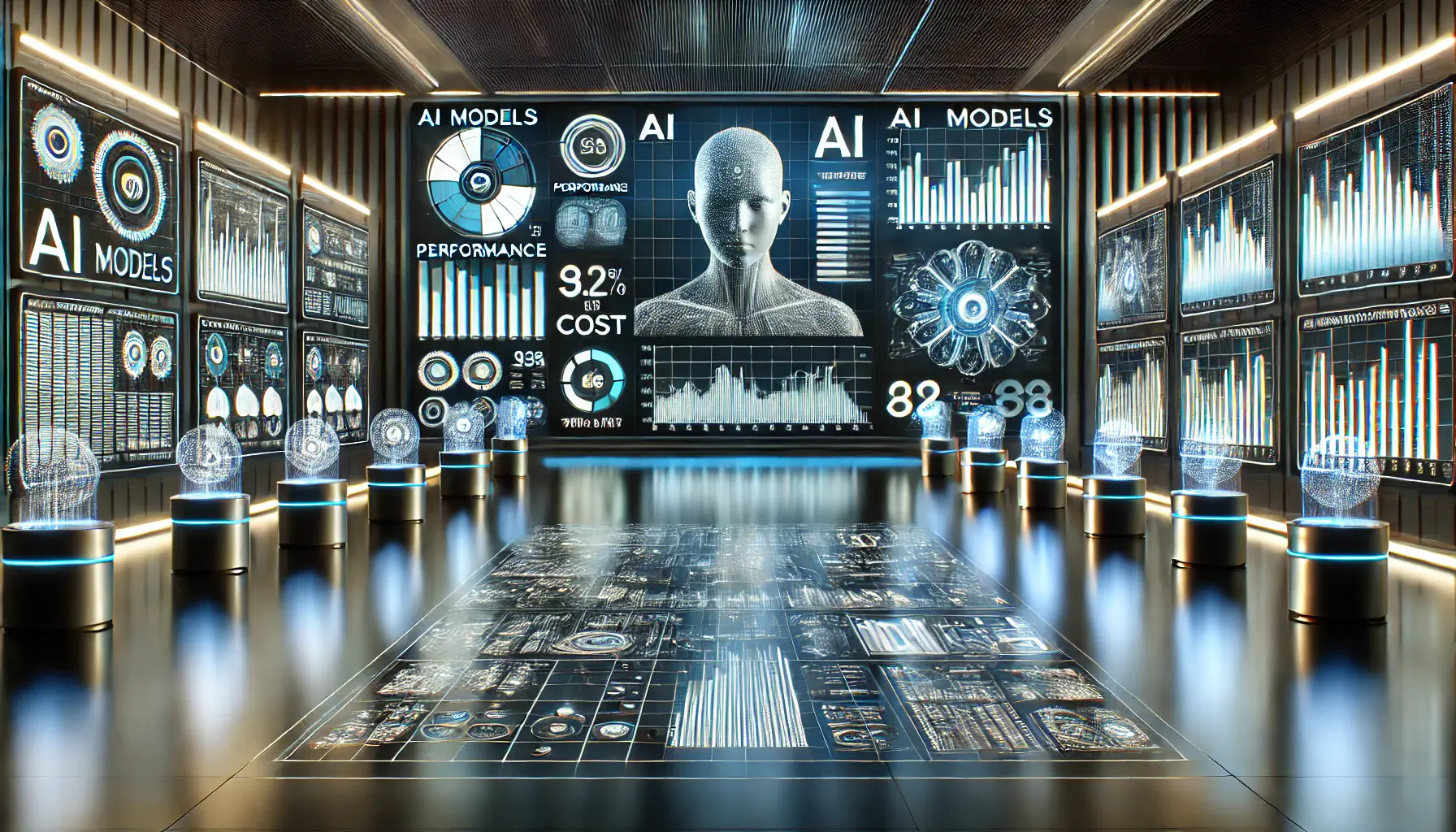 A futuristic AI comparison scene showcasing various AI models and their performance metrics.