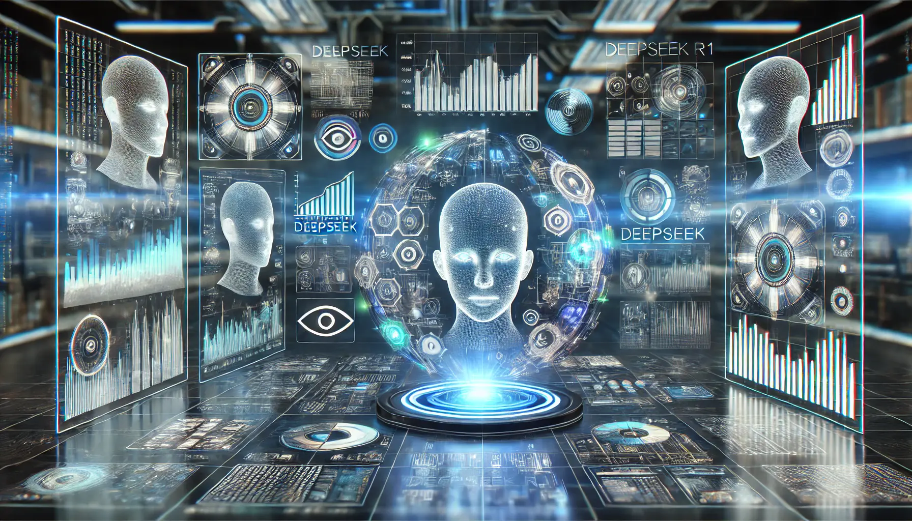 A high-tech digital environment showcasing multiple AI models in a futuristic comparison. The image features holographic AI interfaces with floating data charts, neural networks, and performance graphs, visually comparing DeepSeek R1 with other leading AI models. The background includes an advanced research lab setting with glowing blue and white circuits symbolizing artificial intelligence innovation.