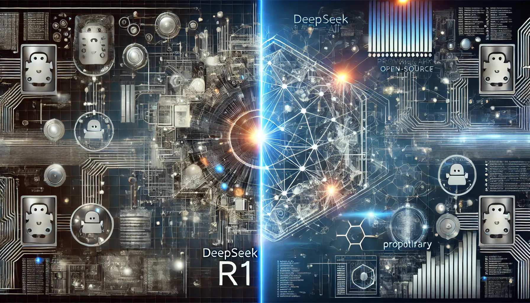 A visual comparison between DeepSeek R1 and another AI model, highlighting their distinct architectures and features.