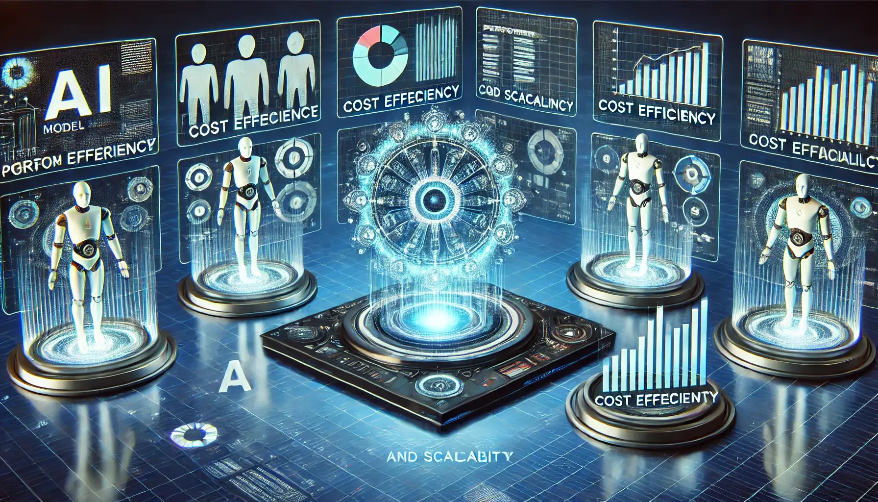 A futuristic AI model comparison interface with holographic displays showing performance metrics, cost efficiency, and scalability, analyzed by a central AI hub.