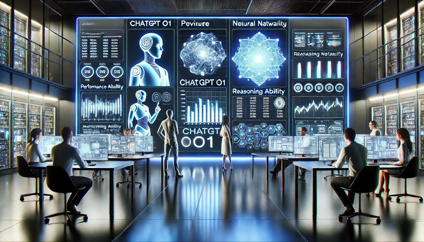 A futuristic AI research lab displaying a comparison between ChatGPT o1 and previous AI models on a high-tech digital screen, showcasing performance metrics, reasoning ability charts, and neural network structures.