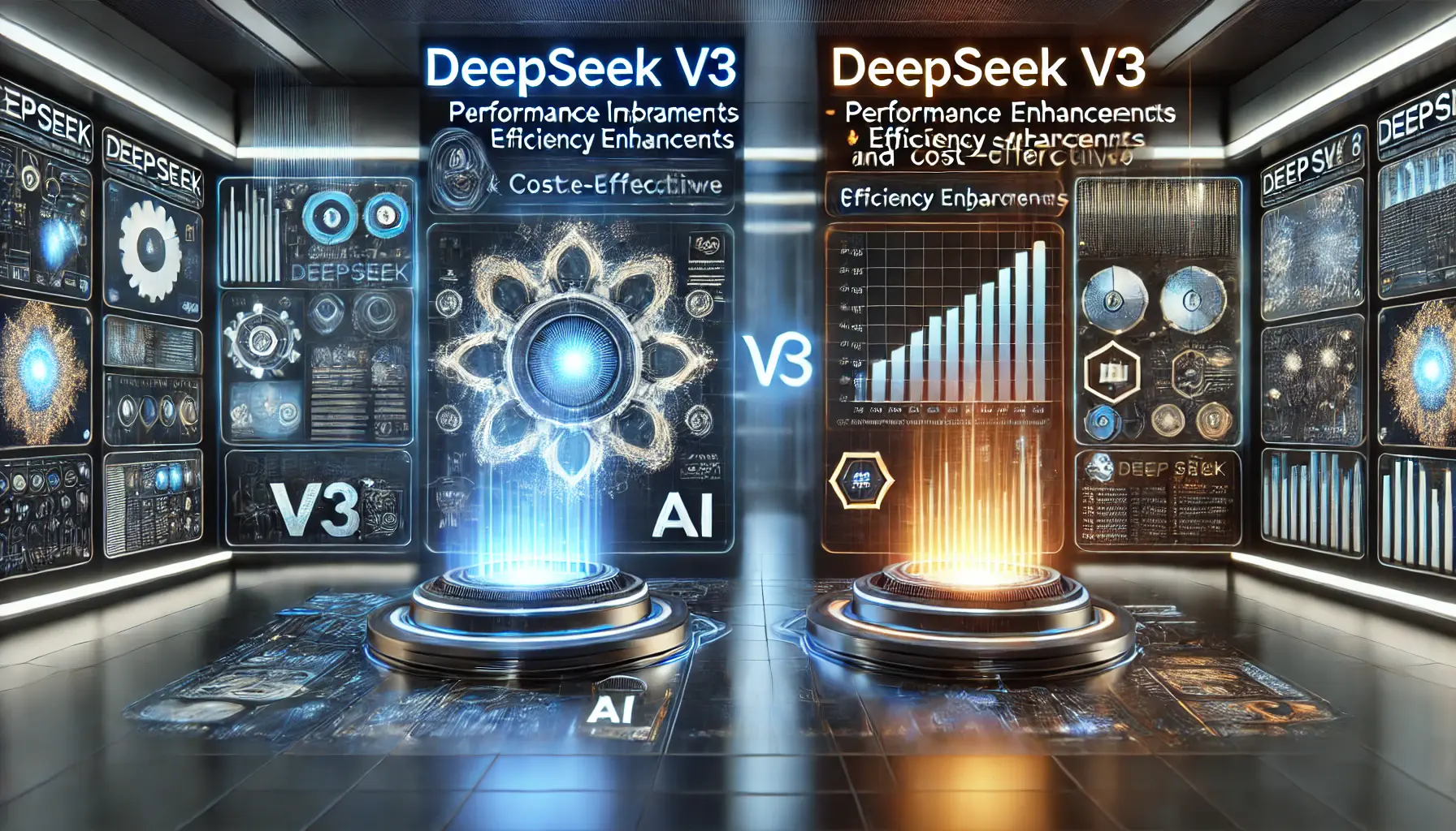 A high-tech AI interface displaying a comparison between DeepSeek v3 and its previous versions with performance improvements and advanced computing visuals.