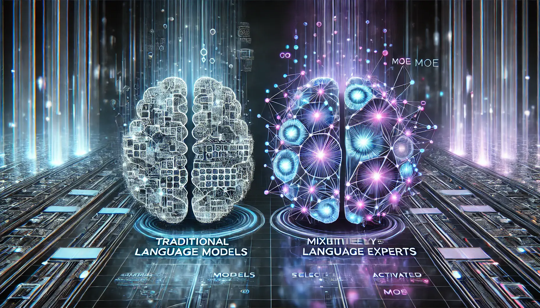 A futuristic AI comparison showcasing a densely packed, fully activated neural network representing traditional models alongside a selectively activated Mixture-of-Experts (MoE) framework.